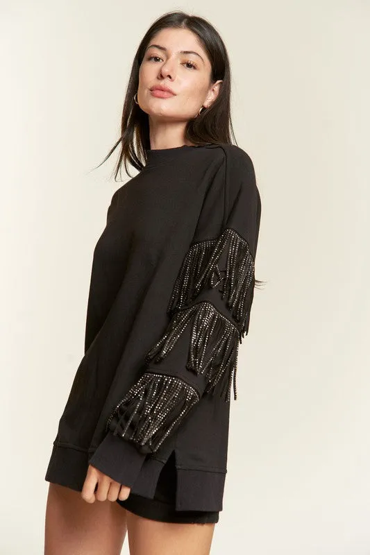 TEEK - Plus Size Silver Studded Fringe Sleeve Top