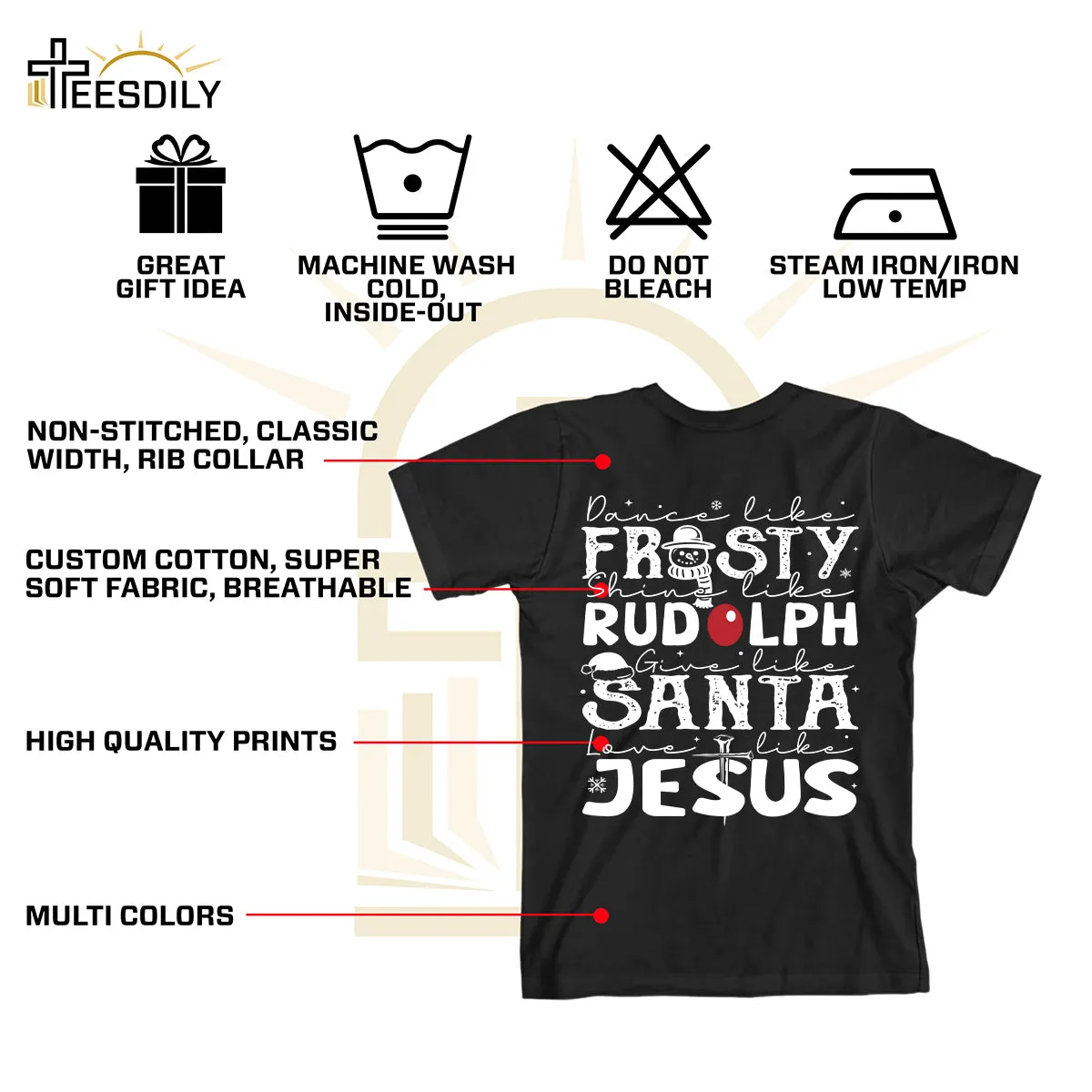 Teesdily | Dance Like Frosty Shine Like Rudolph Give Like Santa Love Like Jesus Shirt, Cute Christmas Sweatshirt Hoodie Mug Tee