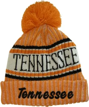 Tennessee Plush Lined Embroidered Winter Knit Pom Beanie Hat (Orange/Black Script)