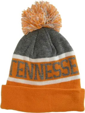 Tennessee Wide Stripe Winter Knit Pom Beanie Hat (Gray/Orange)