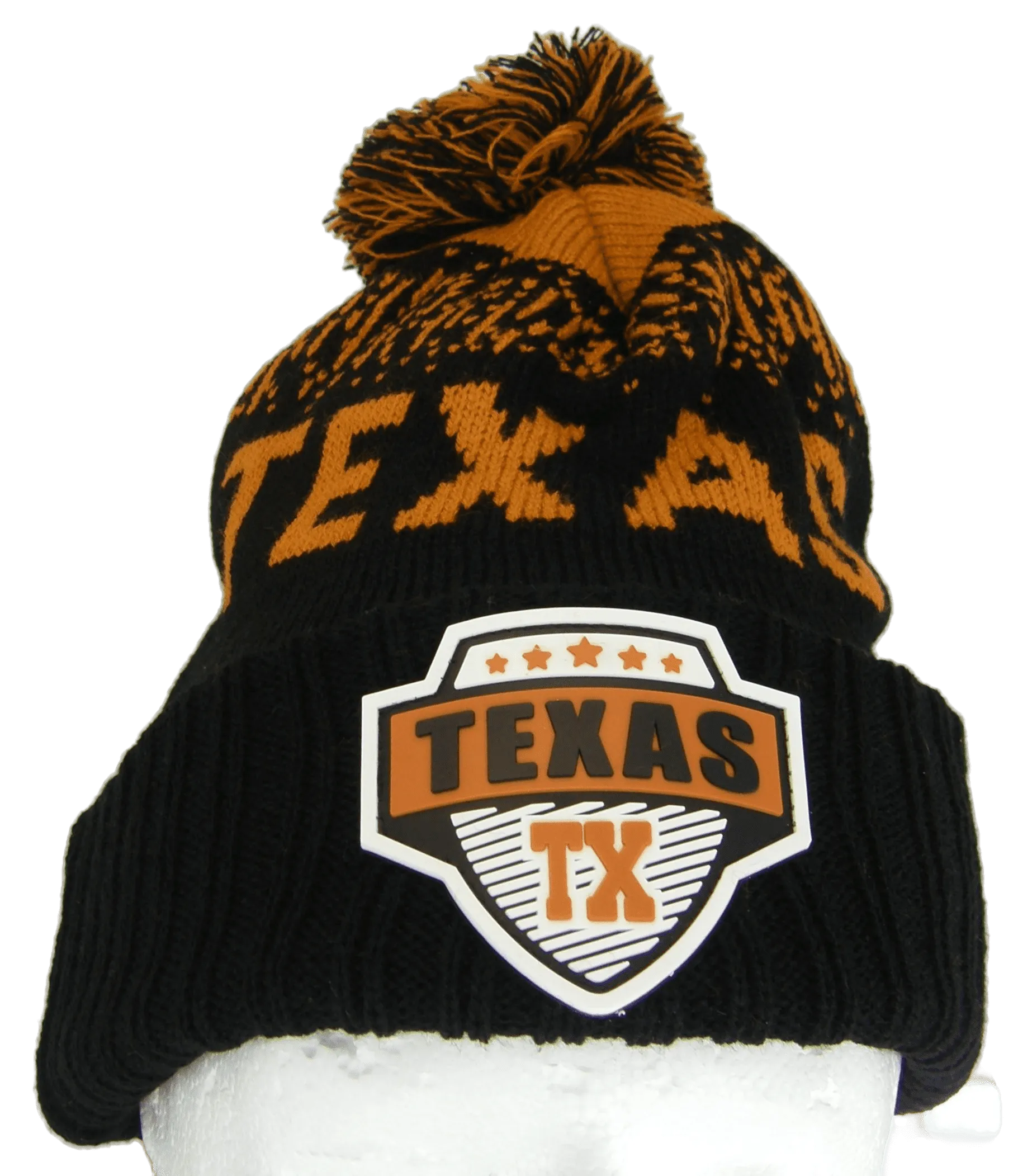 Texas Rubber Patch Ribbed Winter Knit Pom Beanie (Black/Dark Orange)