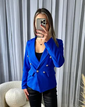 Thea Fitted Gold Button Blazer - Royal Blue