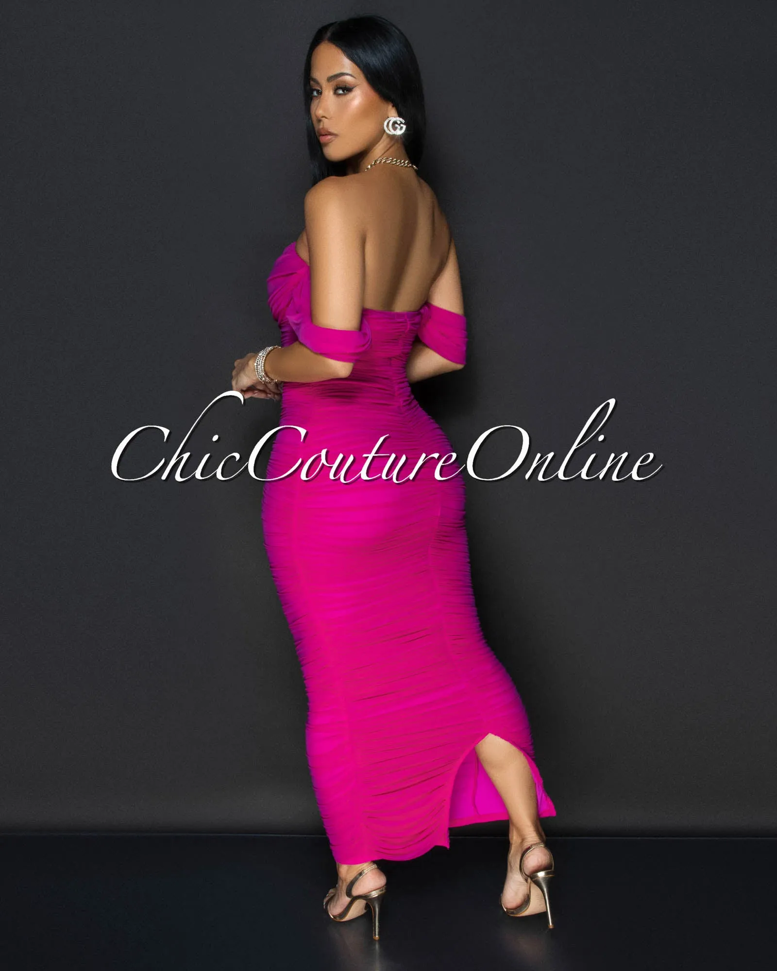 Vella Magenta Mesh Overlay Ruched Off-The Shoulder Dress