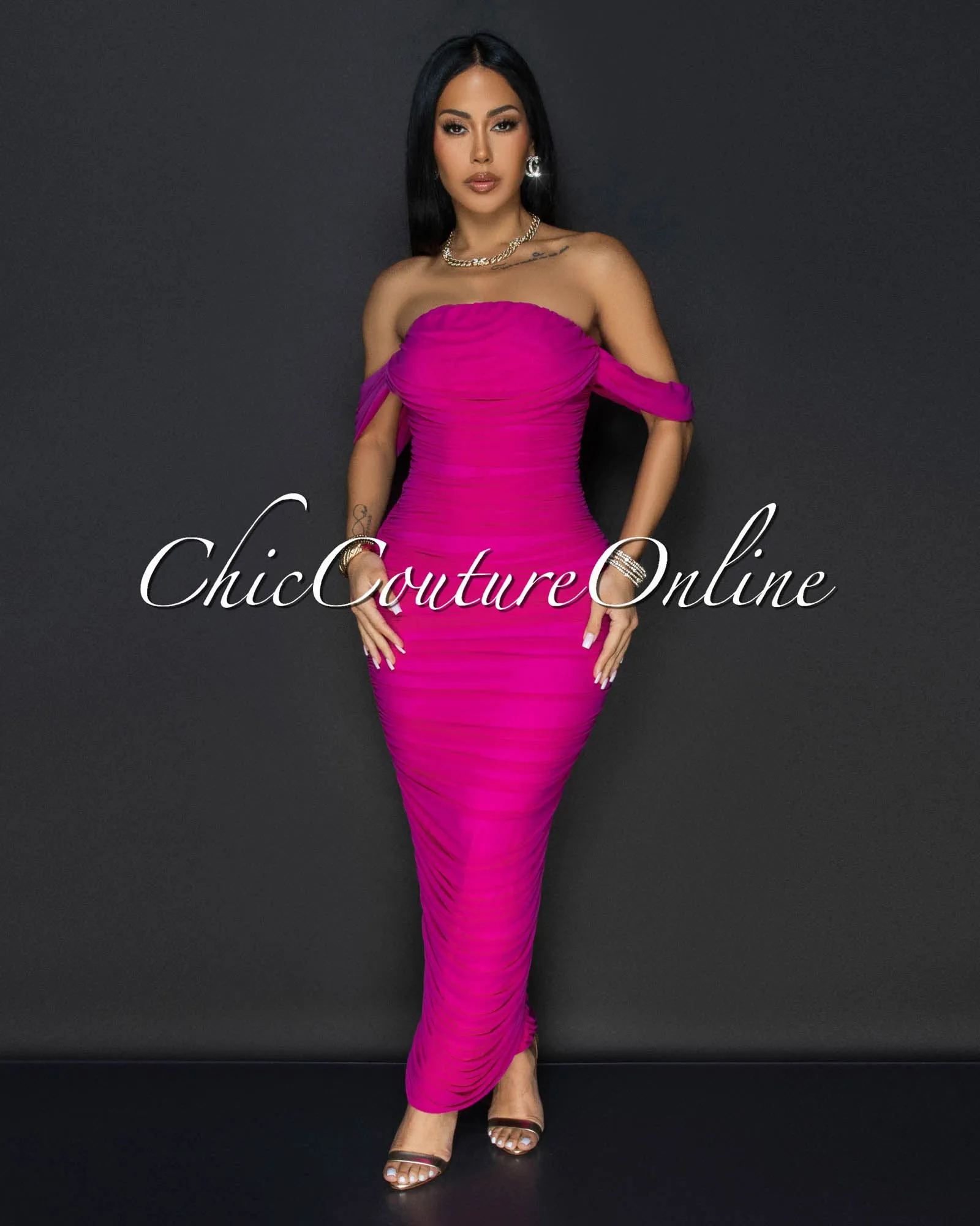 Vella Magenta Mesh Overlay Ruched Off-The Shoulder Dress