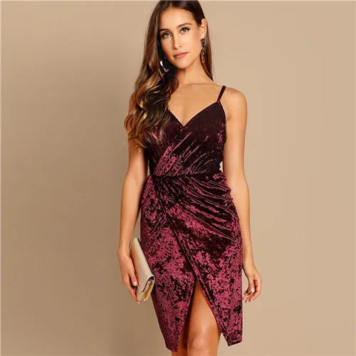 Velvet Crush Ruched Front Wrap Dress - Burgundy