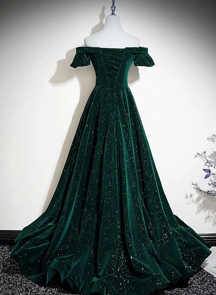 Velvet Off Shoulder Long Party Dress, Green A-line Prom Dress      fg4940