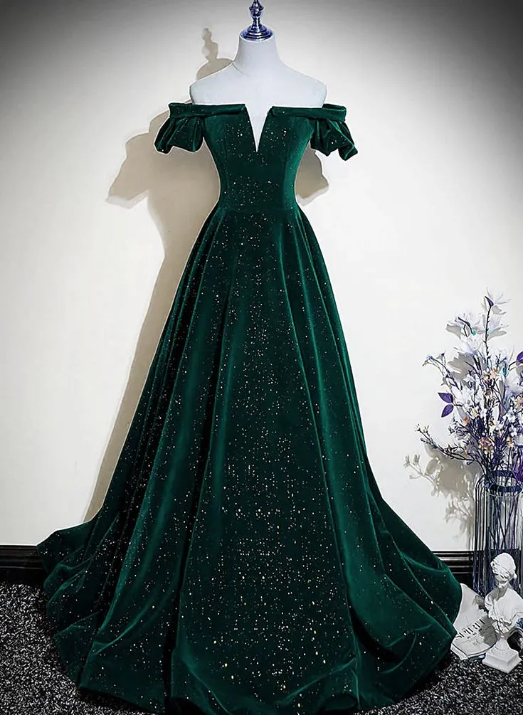 Velvet Off Shoulder Long Party Dress, Green A-line Prom Dress      fg4940