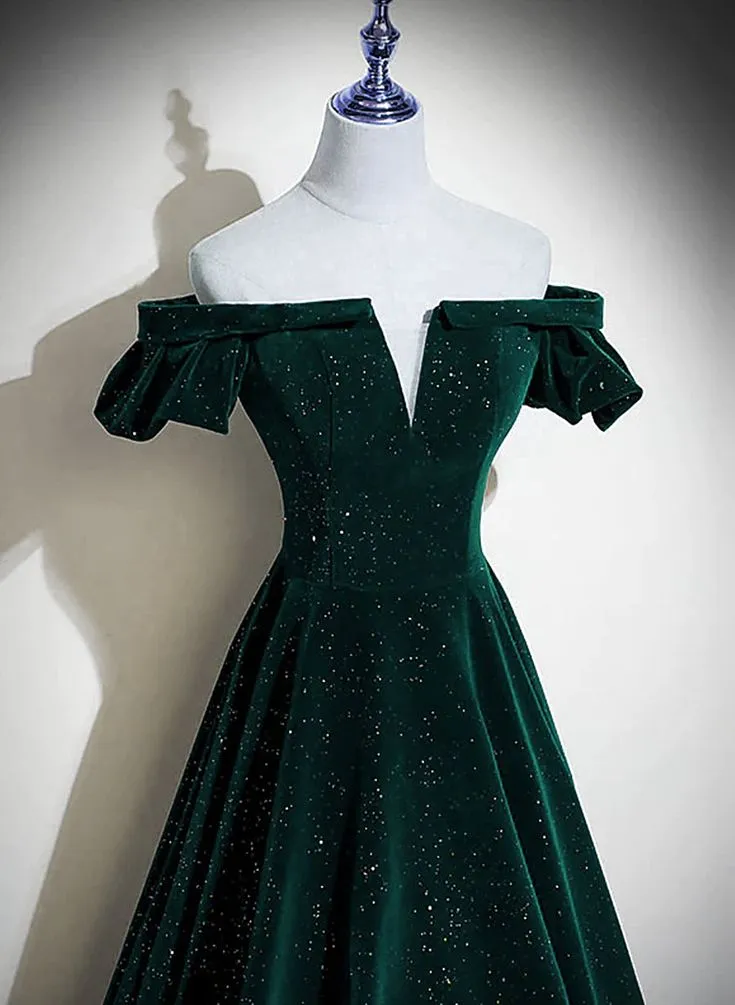 Velvet Off Shoulder Long Party Dress, Green A-line Prom Dress      fg4940