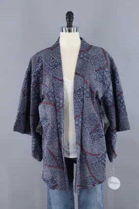 Vintage Silk Kimono Cardigan / Navy Blue and White Shibori