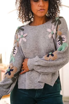 Winter Blooms Pullover Floral Embroidered Sweater- Gray