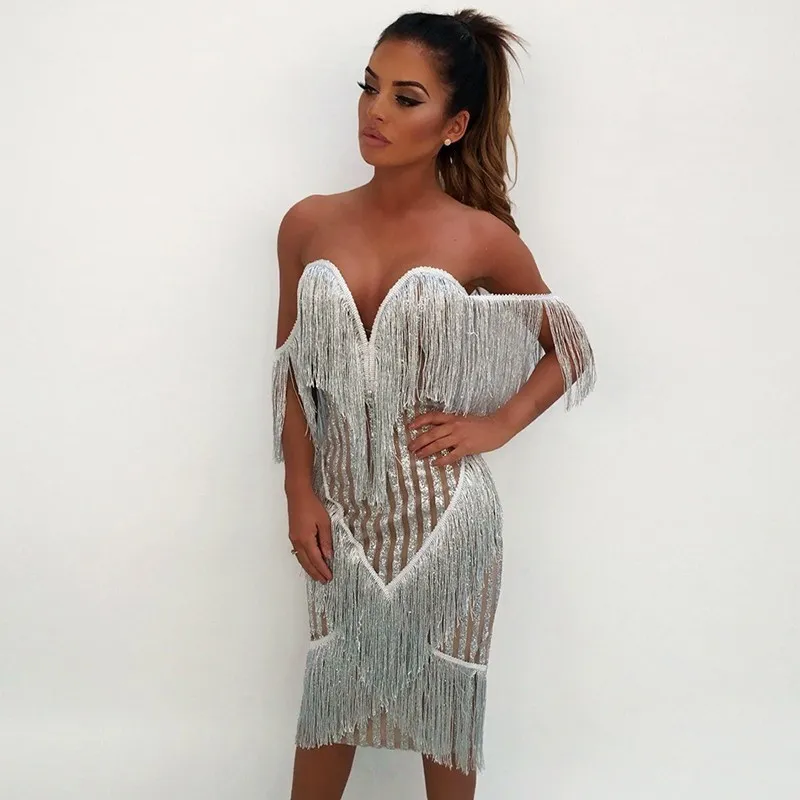 Women's Summer Backless V-Neck Sequin Dress With Tassels