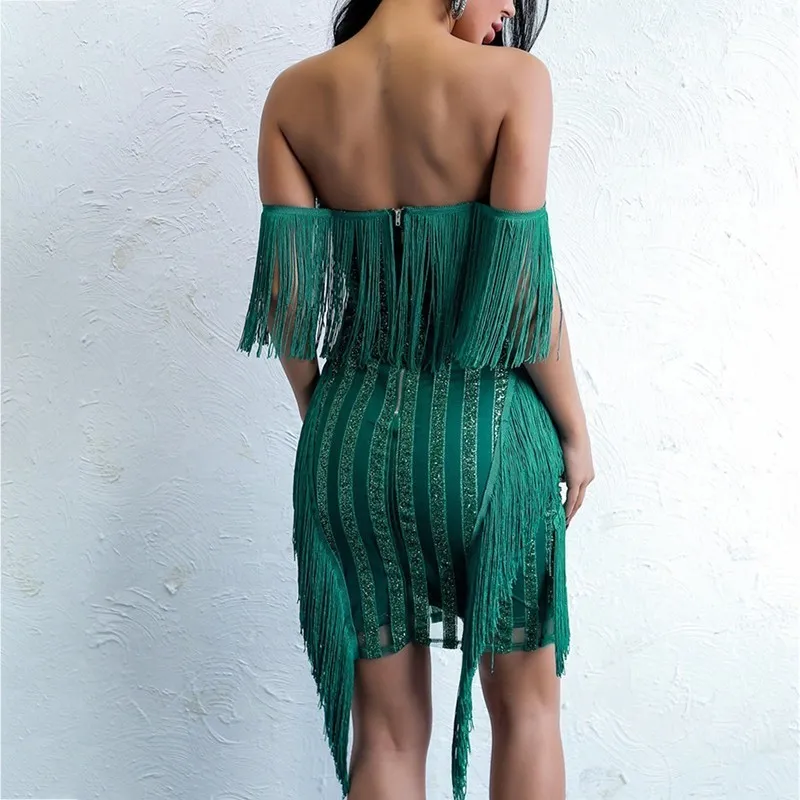 Women's Summer Backless V-Neck Sequin Dress With Tassels