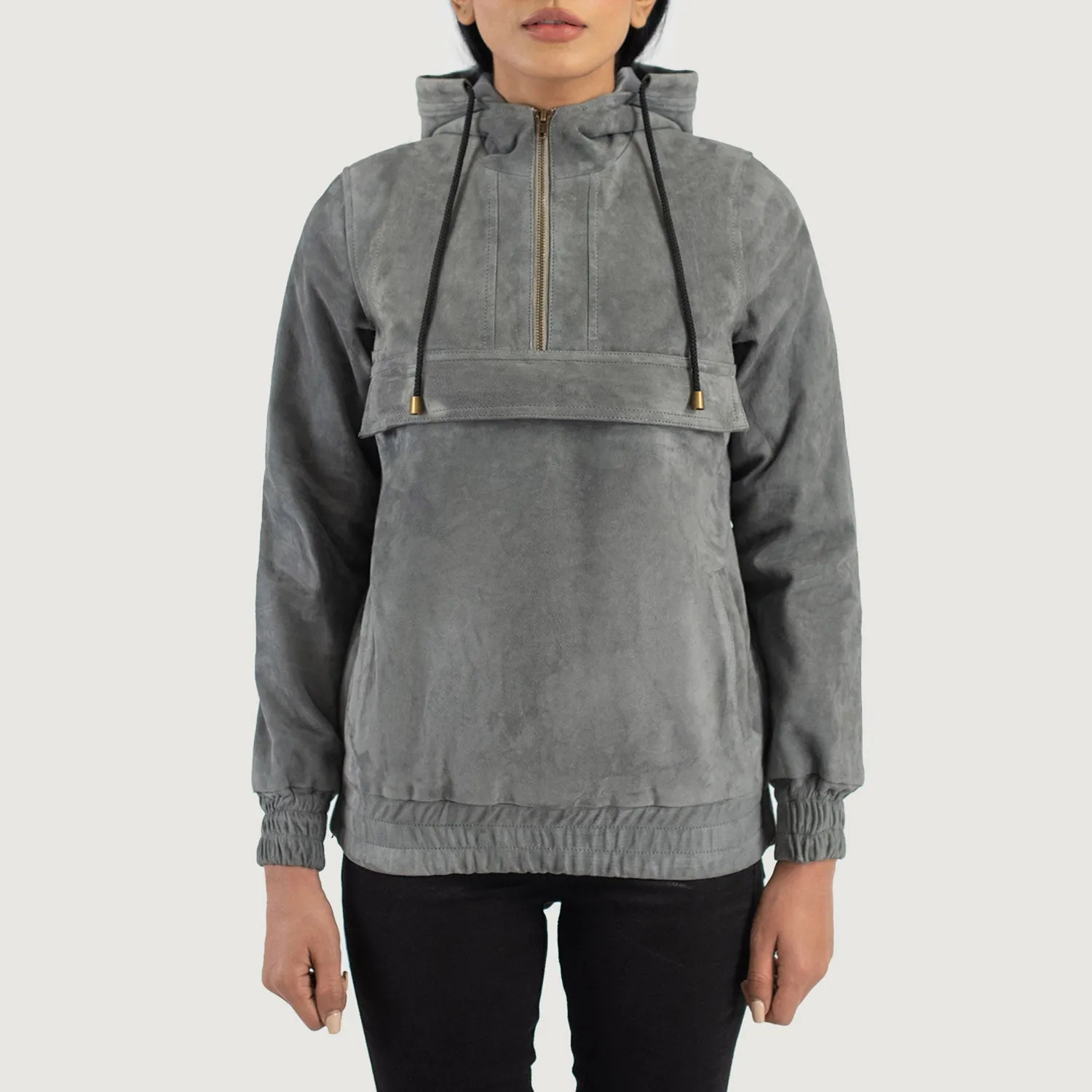 Zest Grey Hooded Suede Pullover Jacket